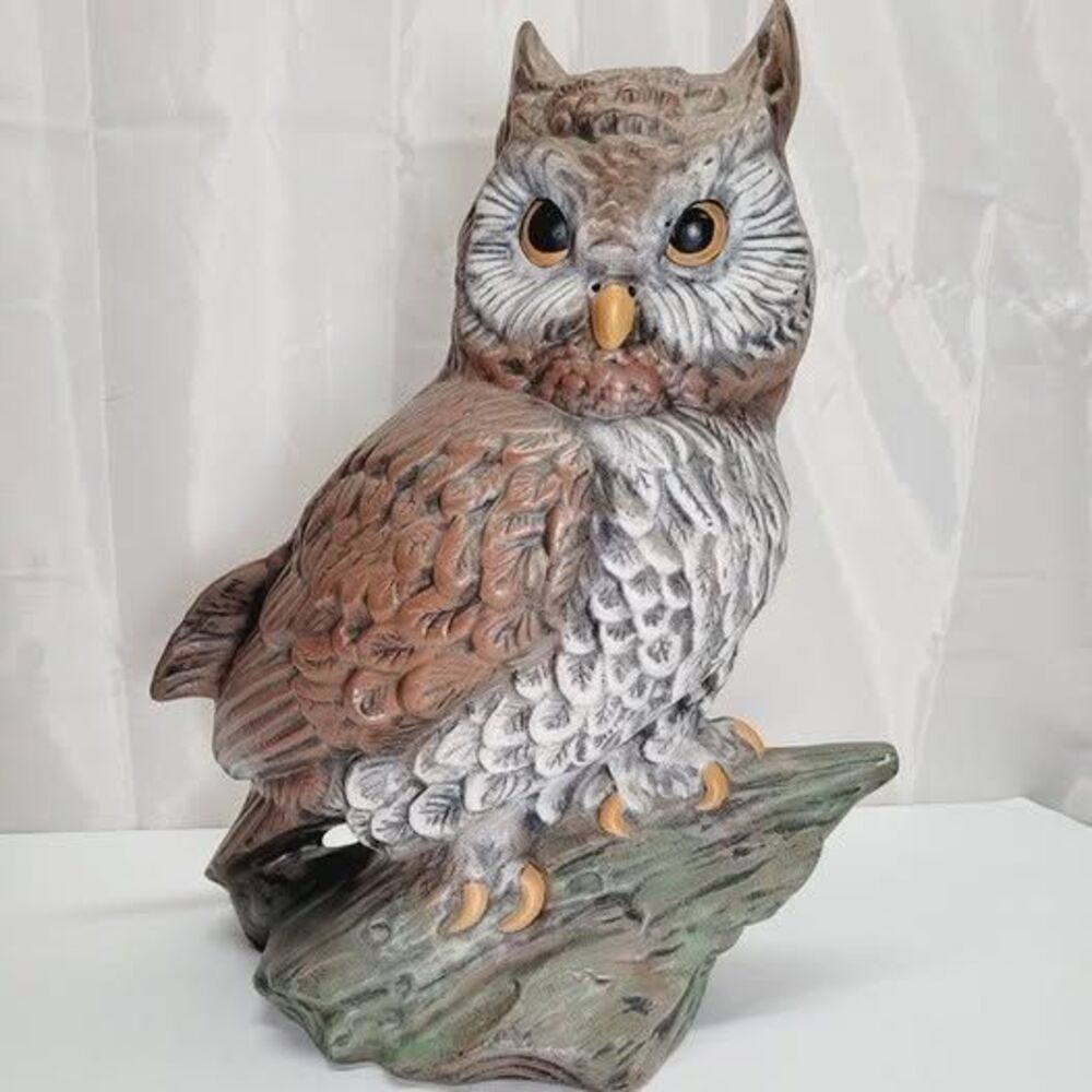 #LR Large Wise old owl igurine sitting on log ceramic vintage 1980 14" tall 11" - Picture 2 of 10